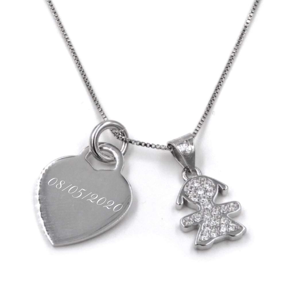 Collana Bebè Girl in Argento 925 e Zirconia Bianca con Medaglietta Cuore Personalizzabile con il nome della tua Bambina