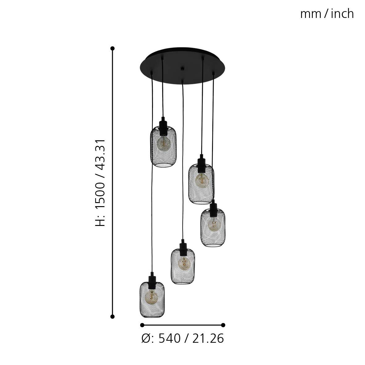 EGLO Lampa wisząca Wrington, 5-płomienna lampa vintage, industrialna, retro