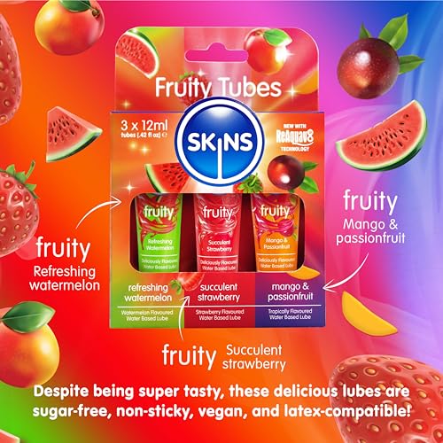 Skins SKLUBSPL3FR Flavored Lube Set - 3 Flavored Water Based Lubes - Fruity Edible Lubricant & Licks - Watermelon, Strawberry And Mango & Passionfruit Flavored Lube For Oral Pleasure & Intercourse thumb #1