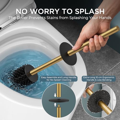 Image of FORIOUS Stainless Steel Toilet Bowl Brush Scrubber and Holder Set Medium | Gold, Extended Handle, Removable Inner Bowl, Stable Splash Guard, Steel Joint, Scratch‑Resistant Bristles, for Bathroom RV
