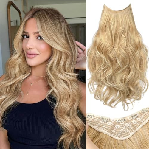 Vigorous Clip in Hair Extensions, V-Shape Hair Extension One PCS Long Wavy Natural Layered Blends Full Head Clip Ins Synthetic Hairpieces for Women, Ombre Beach Blonde 20 Inch