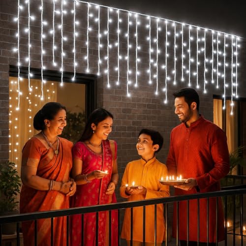 Image of MIRADH Icicle Diwali Lights Outdoor, 10ft 96 LED with 16 Drops Icicle Lights, Plug in Lights with 8 Modes Waterproof for Decoartion Light for Diwali, Christmas, Birthday, Ganesh Puja (White)