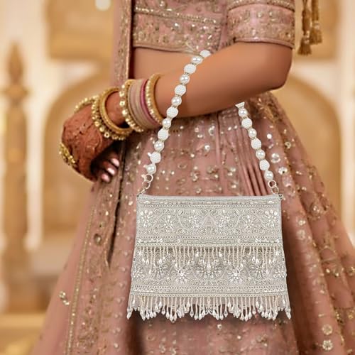 Image of Nevis PU Silk Fabric Women's Embellished bride Clutch with Pearl Handle | Fancy Designe & Wedding Potli Bag for Festive & Evening