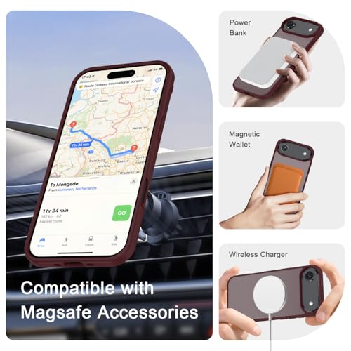 Image of YENAPOON for iPhone Air Case, Matte Magnetic Phone Cover [with 1 Screen Protector] [Support for MagSafe] [Shockproof Military Grade Protection] Translucent Frosted Back, Wine Red