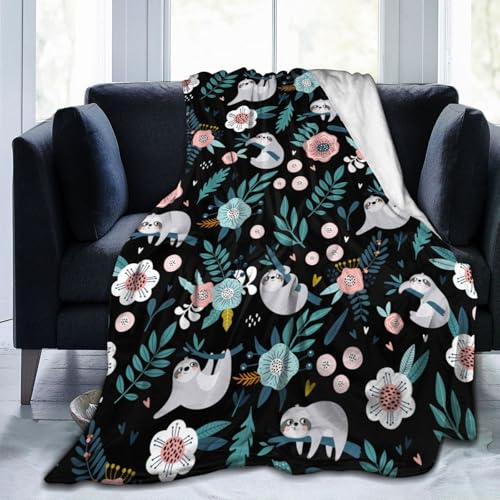 Cute Sloth Throw Blanket Gifts for Men Women Boy Girl Pink Flower Animal Soft Flannel Plush Blanket for Bed Sofa Couch Travel Camping 50x40 Inches