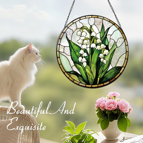 Zizzie Stained Glass Lily of the Valley Suncatcher - 7.9" Real Glass White Floral Window Hanging, Weatherproof Vintage Decor, May Birth Flower Happiness Gift for Mom Grandma Women — view 6