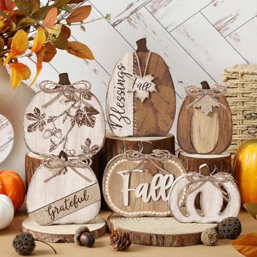 Wonderjune 6 Pcs Thanksgiving Pumpkin Table Decor Modern Neutral Pumpkin Block Wooden Signs Wood Tiered Tray Decor Farmhouse Table Centerpiece for Fall Thanksgiving Home Office Decorations