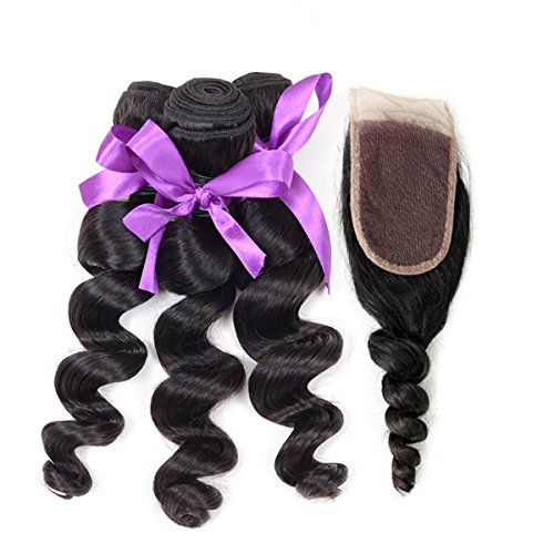 Vedar Beauty Women's Grade 6A Unprocessed Virgin Peruvian Hair Weaves Loose Wave 100G/Bundle 3Pcs hair extensions with 1 lace closure