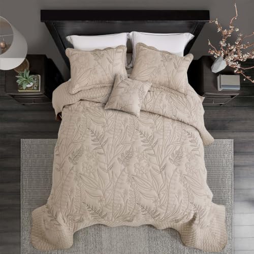 Image of Bedspread oversized Full 96x110,Beautiful Leaf Stitching,5 PC,Taupe