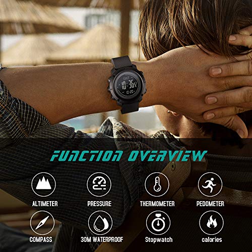 Skmei SKM-1427-BLACK-F Mens Compass Watch, Digital Sports Watch Pedometer Altimeter Barometer Temperature Military Waterproof Wristwatch thumb #1