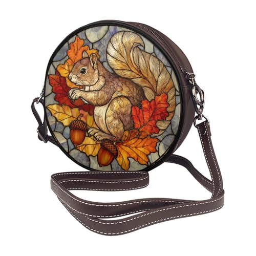 Squirrel With Acorns And Autumn Leaves Women Round Crossbody Bags Leather Sling Bag Purse2