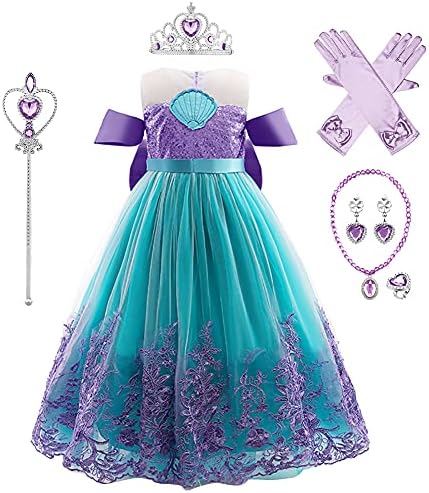 Girls Mermaid Princess Dress Birthday Party Halloween Cosplay Costumes Set w/Wig and Light-up Headband Purple03+Accessories 5-6 Years