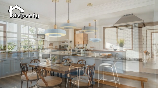 Image of Light Blue Pendant Light, Mid-Century Modern Wood Hanging Lamp | Adjustable 59 inch Cord, Fits Flat / Sloped Ceilings, E26 Socket, Ideal For Kitchens, Dining Rooms, Bedrooms, Living Rooms