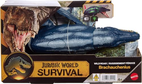 Image of Mattel Jurassic World Wild Roar Brachauchenius Dinosaur Action Figure Toy with Chomp Attack, Light Up Feature & Roar Sound, Scan Code for Digital Play