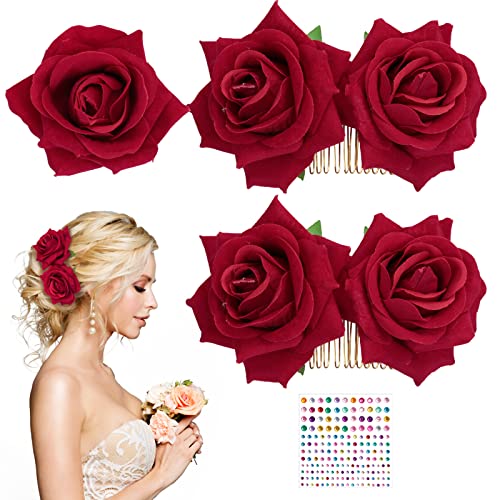 WEDNOK 3STK Rose Haarkamm Haarschmuck Hochzeit Blumen Kopfschmuck Braut Steckkamm Rot Rosen Kronen Kamm Haarspange Hochzeitsschmuck für Hochzeitdeko Karneval Fasching Halloween