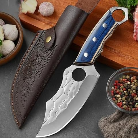 MAYIT Meat Cleaver Knife, 5 Inch Hand Forged Heavy Knife Slicing Fish Meat Cleaver Knife Wood Handle Butcher Boning Knife With Finger Hole Chef Knives With Cover, MAYiT5475 Cover