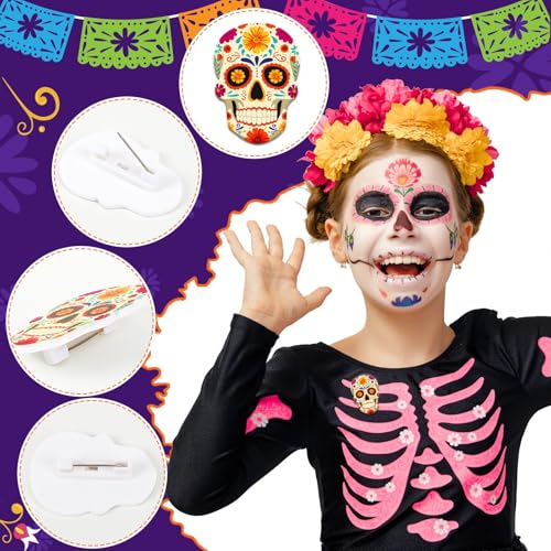 36 PCS Day of The Dead Acrylic Brooch, Sugar Skull Label Pins Dia De Los Muertos Flower Skull Holiday Brooch Pins for Clothes Backpack Jewelry Hat Jacket Decoration3
