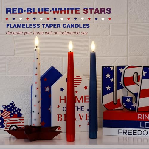 Image of Red White and Blue Star Candles, Flameless Taper Candles with 3D Wick, Real Wax 4th of July Flameless Candles with Remote, 9.6 inch Battery Operated Patriotic Led Candlesticks, 3 Pack