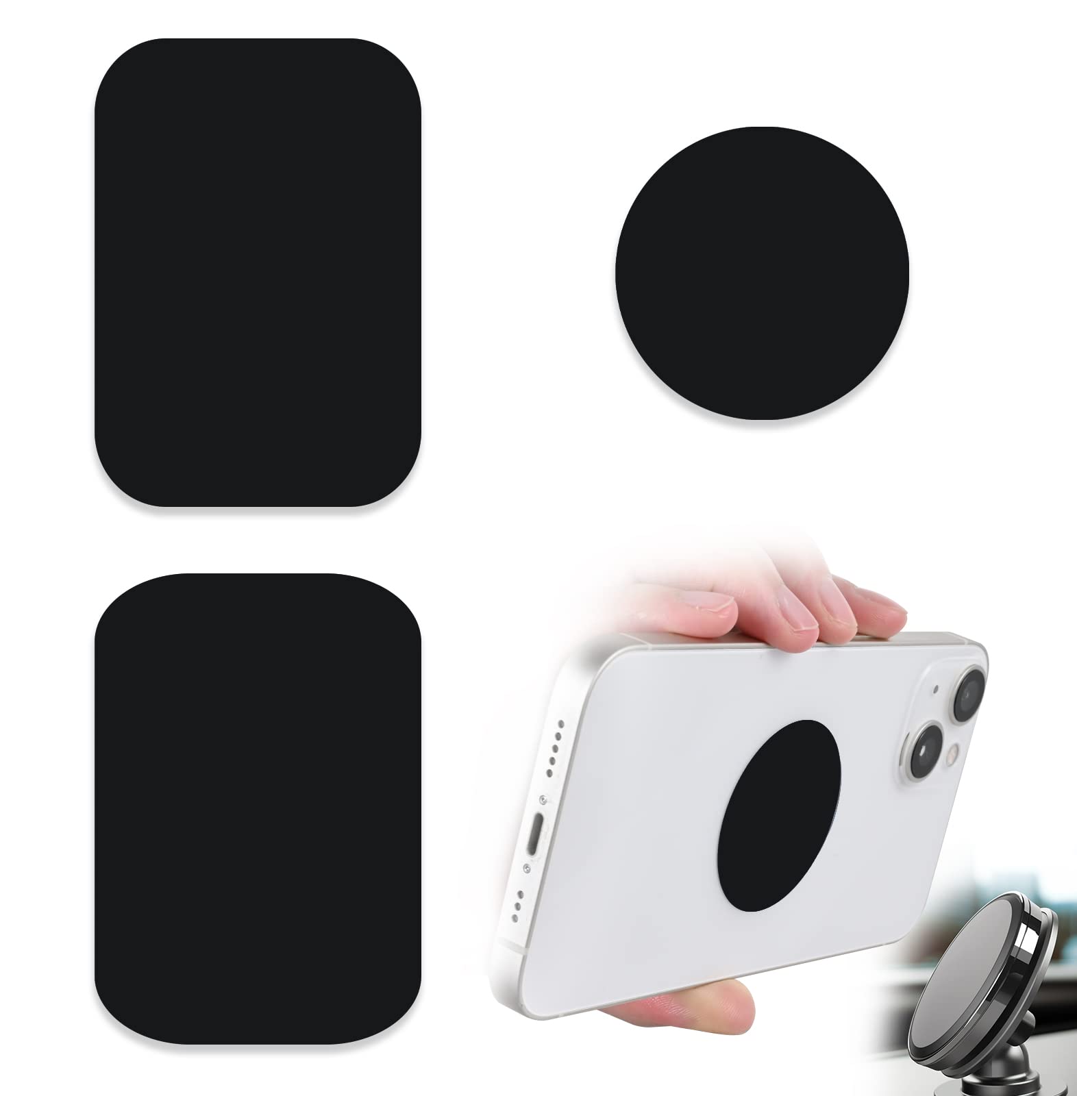 Phone Magnets - Universal Metal Plates, 2 Rectangular and 2 Round with Adhesive, Car Magnets (Black)
