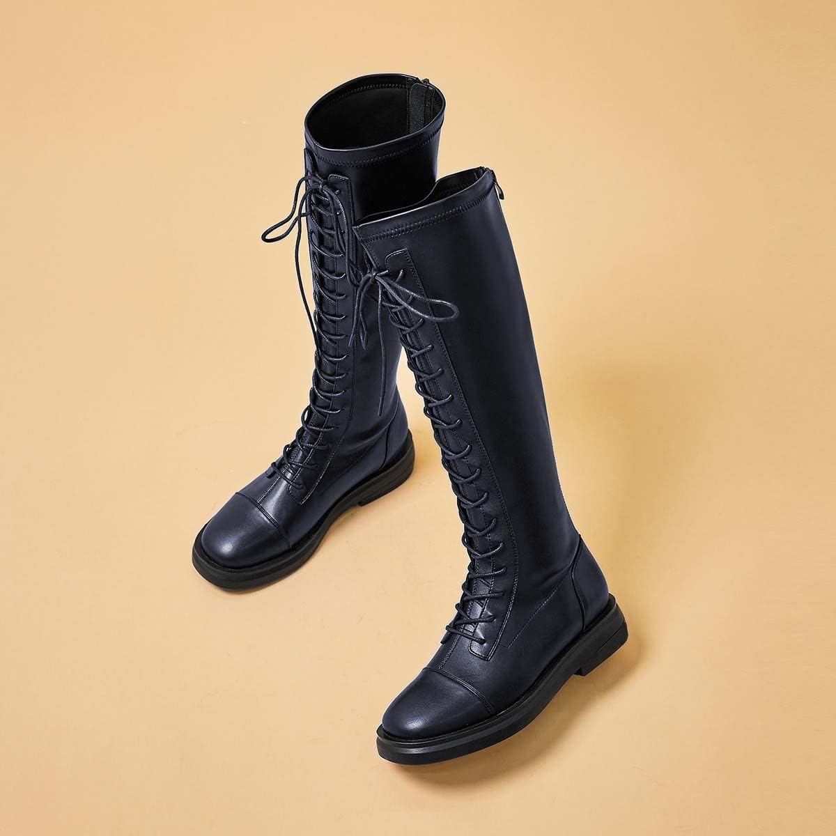 XYD Women Fashion Lace Up Flat Knee High Boots Closed Square Toe Low Chunky Heel Riding Long Bootie Winter Outdoor Dressy Chic Shoes with Back Zipper