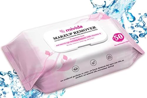 mivida Makeup Remover Wipes | Hypoallergenic Facial Cleansing Make up Remover Face Wipes with Vitamin E | Fragrance Free, Alcohol Free wipes | 50 Count