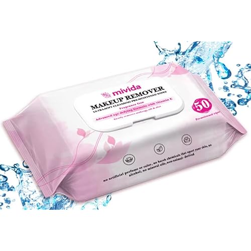 mivida Makeup Remover Wipes | Hypoallergenic Facial Cleansing Make up Remover Face Wipes with Vitamin E | Fragrance Free, Alcohol Free wipes | 50 Count