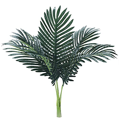 Image of Worown 6 Pieces Artificial Palm Leaves with Stem, Faux Palm Plants Branches, Tropical Green Plant Leaves for Jungle Hawaii Birthday Barbecue Party Beach Theme Decorations