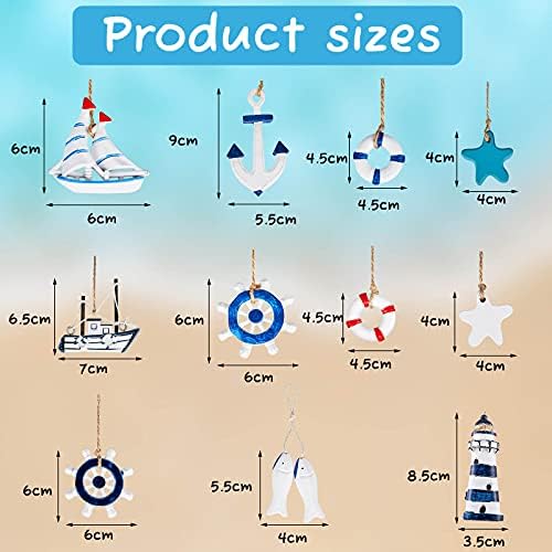22 Pieces Wooden Nautical Hanging Nautical Christmas Ornaments Beach Decorations for Home Anchor Life Ring Sea Star Sailboat Beach for Coastal Christmas Tree Home Decor Craft