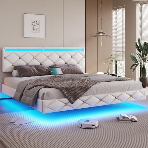 DICTAC Floating King Bed Frame with LED Lights and USB