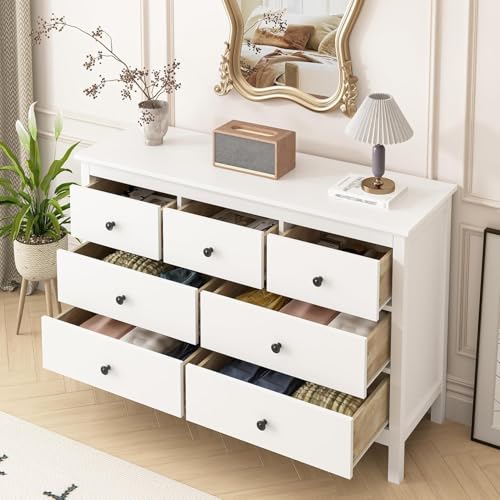 Image of LYNSOM White Dresser for Bedroom with 7 Drawers, 47'' Wide Modern Chest of Drawer with Black Handles, Wood Storage Dresser TV Stand Dressers for Closet, Living Room, Kids Room, Entryway