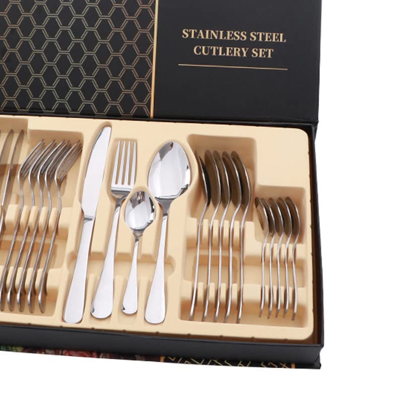 Generic Elegante Juego de Cubiertos de Acero Inoxidable, 24 Piezas, Cuchillo para Carne, Tenedor, Cuchara para Vajilla de Regalo (SILVER)
