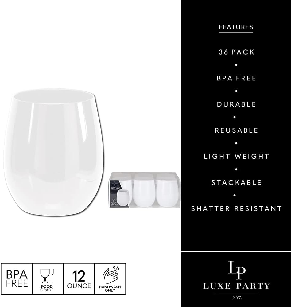 LUXE PARTY 36 Stemless Wine Glass, 12oz White Plastic Disposable Cups for Parties, Tumblers