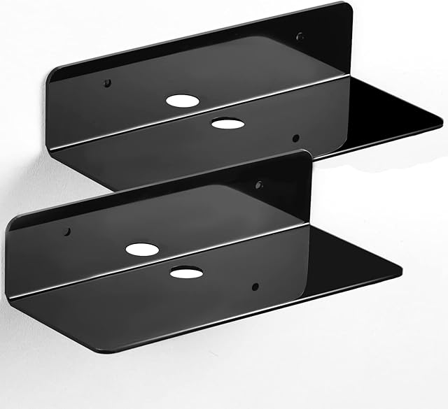 Acrylic Floating Shelves Set of 2, Versatile Self Adhesive Small Shelf That Utilizes Wall Space for Book Picture, Plant, Security Cameras Speaker, No Drill Display Shelf with Cable Clips (Black)