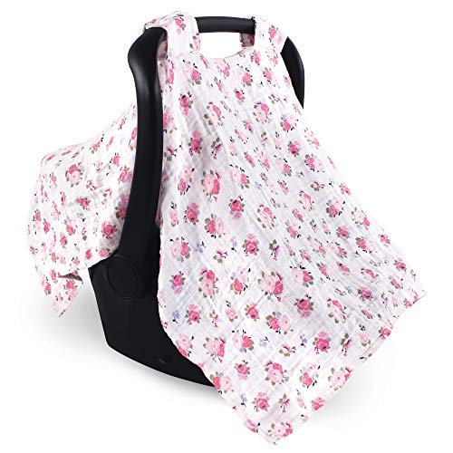 Image of Luvable Friends Unisex Baby Muslin Car Seat Canopy, Floral, One Size
