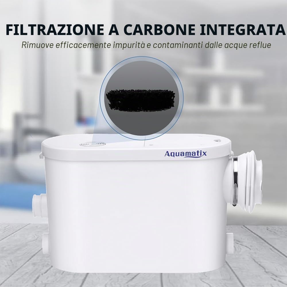 Aquamatix Silencio S Trituratore Pompa Maceratore 400W Sistema di Sollevamento 145L/min per WC sospeso 3 ingressi 8m Distanza di pompaggio verticale con Filtro a carbone
