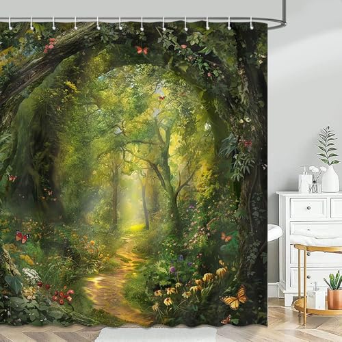 Mocsicka Tree Shower Curtain Spring Nature Garden Enchanted Forest Scene Bathroom Shower Curtain Tree Waterproof Fabric Shower Curtains Bathtub Decor with 12 Hooks 72 X 72 Inch (Green)