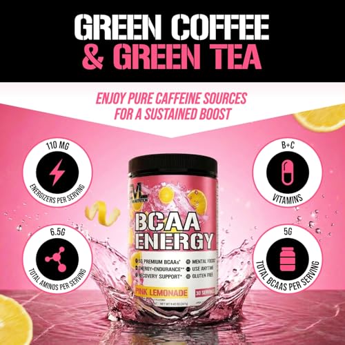 Image of Evlution EVL BCAAs Amino Acids Powder - BCAA Energy Pre Workout Powder for Muscle Recovery Lean Growth and Endurance - Rehydrating Post Workout Recovery Drink with Natural Caffeine - Pink Lemonade
