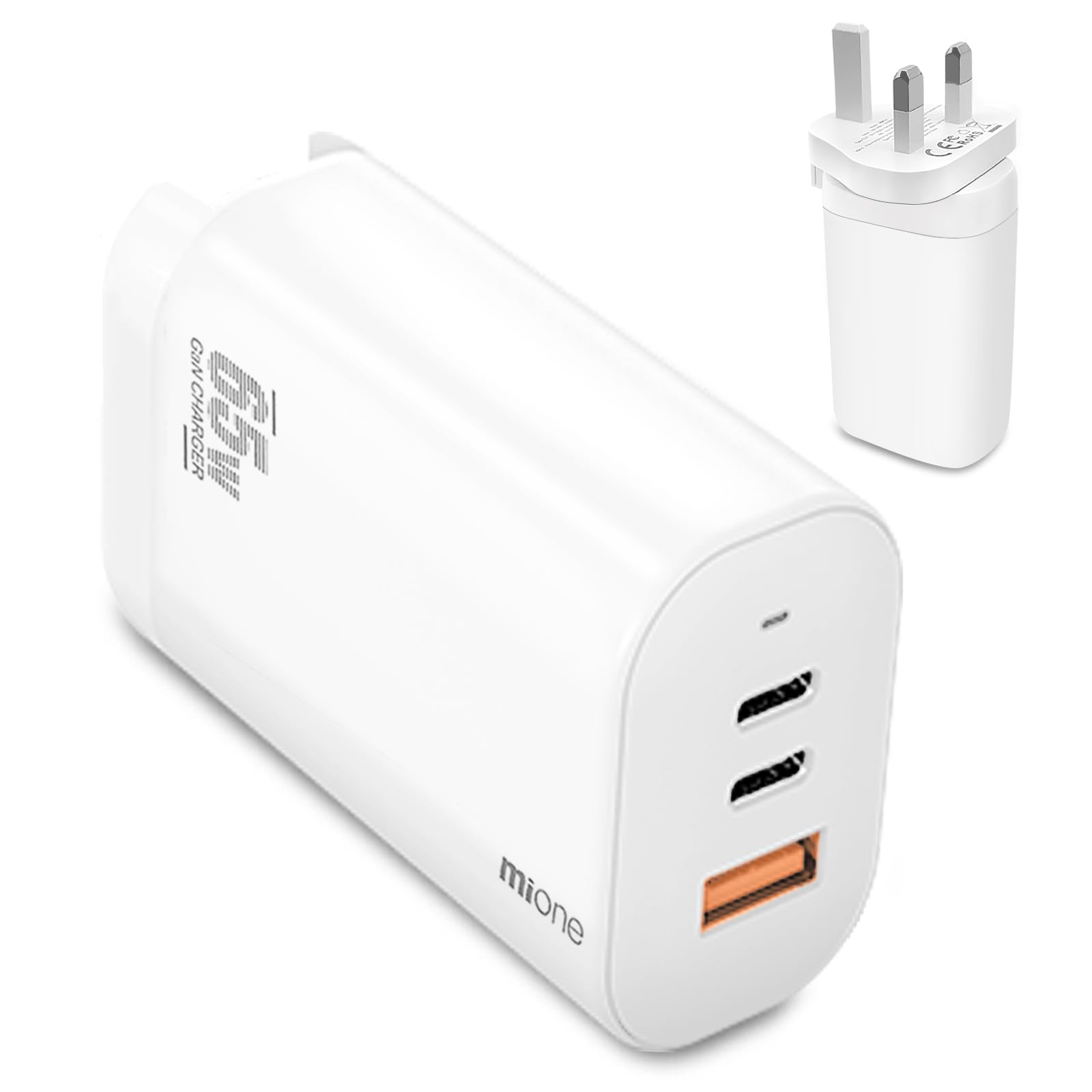 mione 65W GaN PD Wall Charger with 3 Ports USB C Plug, Triple-Port PD+QC 3.0 Type C Travel Power Adapter Compatible with Laptops, MacBook, iPad, Android Phone, iPhone13/12/Pro/mini/Pro Max/SE