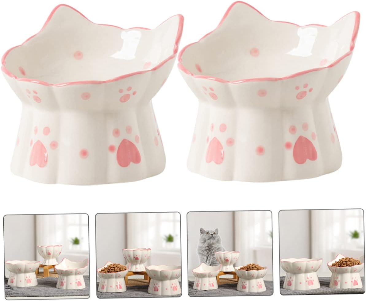 Sosoport 2pcs Elevated Ceramic Cat Bowl Tilted Neck Protection Feeder for Cats Dogs Easy Clean Non-Slip Design for Food Water Durable and Stylish Pet Feeding