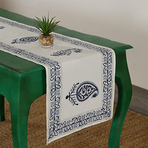Image of Ravaiyaa - Attitude is Everything Hand Block Printed Cotton Table Runner | Floral Printed Table Runner for Home Decor, Kitchen | 60 x 16 Inch-(Blue Paisley)