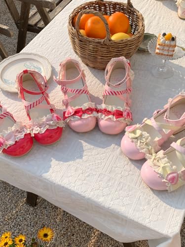 ZQW Sweet Lolita Mary Jane Shoes Kawaii Strawberry Cake Pumps for Women Handmade Chunky Mid Heel Girls Cosplay Party Shoes3