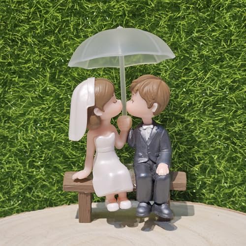 Image of Miniature Cute Couple Figurine, PVC Wedding Cake Topper, Bride and Groom on Bench, Dollhouse Accessory, Garden Decor (White Wedding Couple)