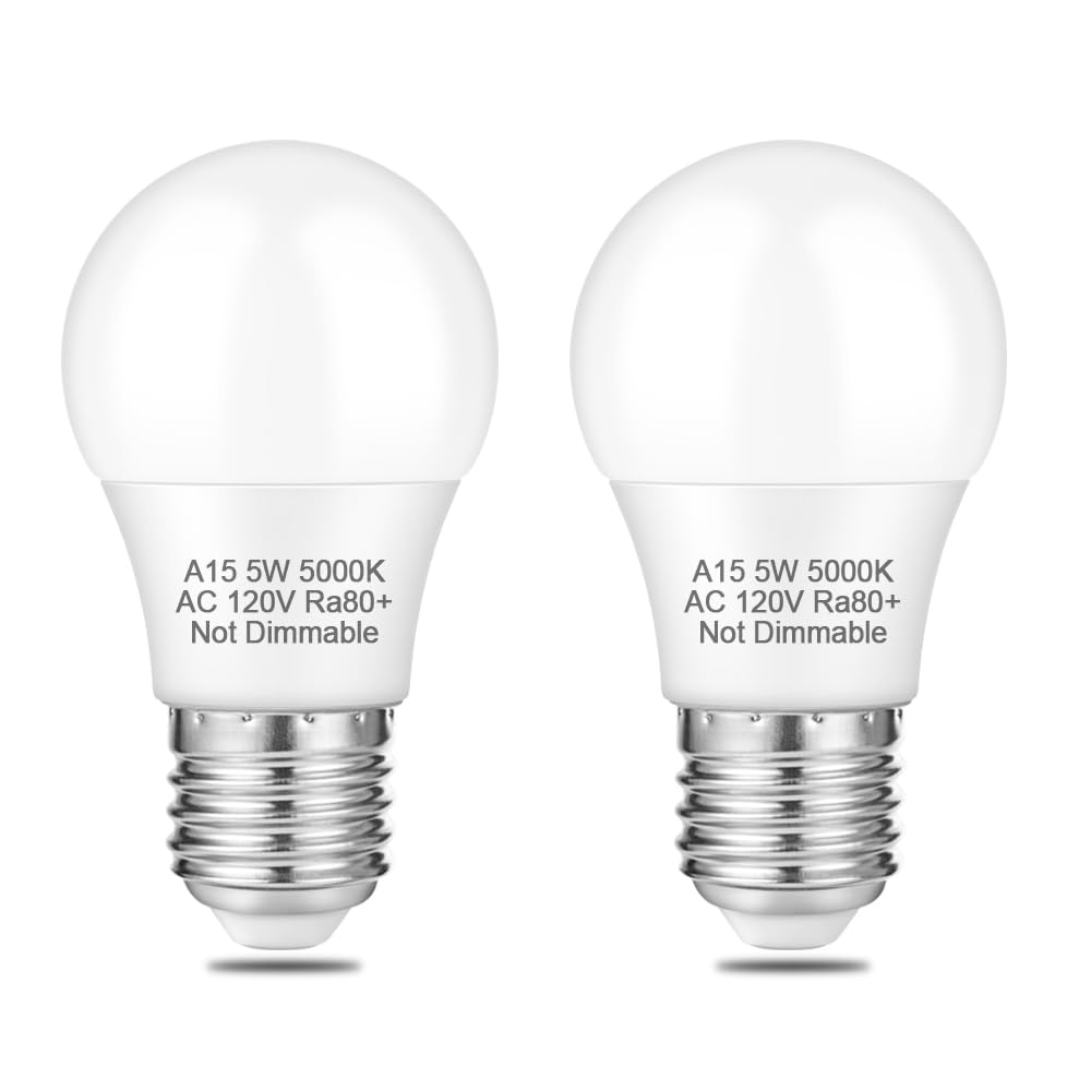 NETEHA 2 Pack A15 5W 120V E26 Base LED Refrigerator Light Bulb Non-Dimmable 50W Equivalent 5000K Daylight White