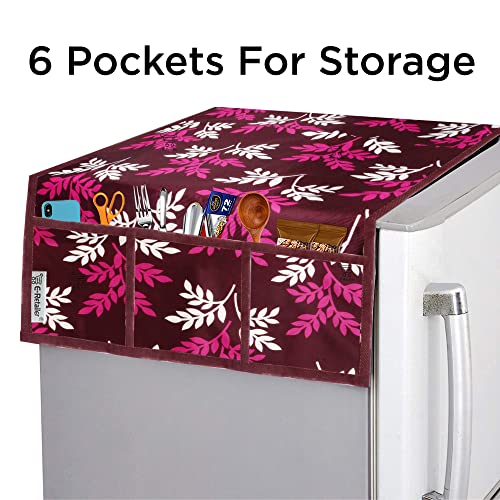 Image of Polyester 3-Layered Fridge Top Cover /Refrigerator Cover with Utility Pockets and Set of 3 Pc Fridge Mats (Color-Leaf Purple, Size-39x21 Inch)