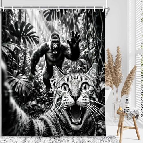 Image of Funny Cat Selfie with Gorilla in Jungle Shower Curtain, Black White Humorous Animal Bathroom Decor, Waterproof Polyester Fabric Bath Curtain Set with 12 Hooks, 47x64 Inch
