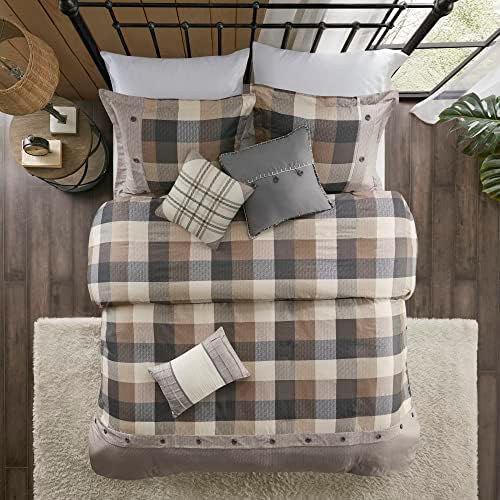 Madison Park Ridge Duvet Set - Cabin Lodge Plaid Herringbone Design, Button Accent, All Season Bedding Cover for Comforter, Matching Shams, Embroidered Decorative Pillow, Full/Queen Neutral 6 Piece - Thumbnail 2