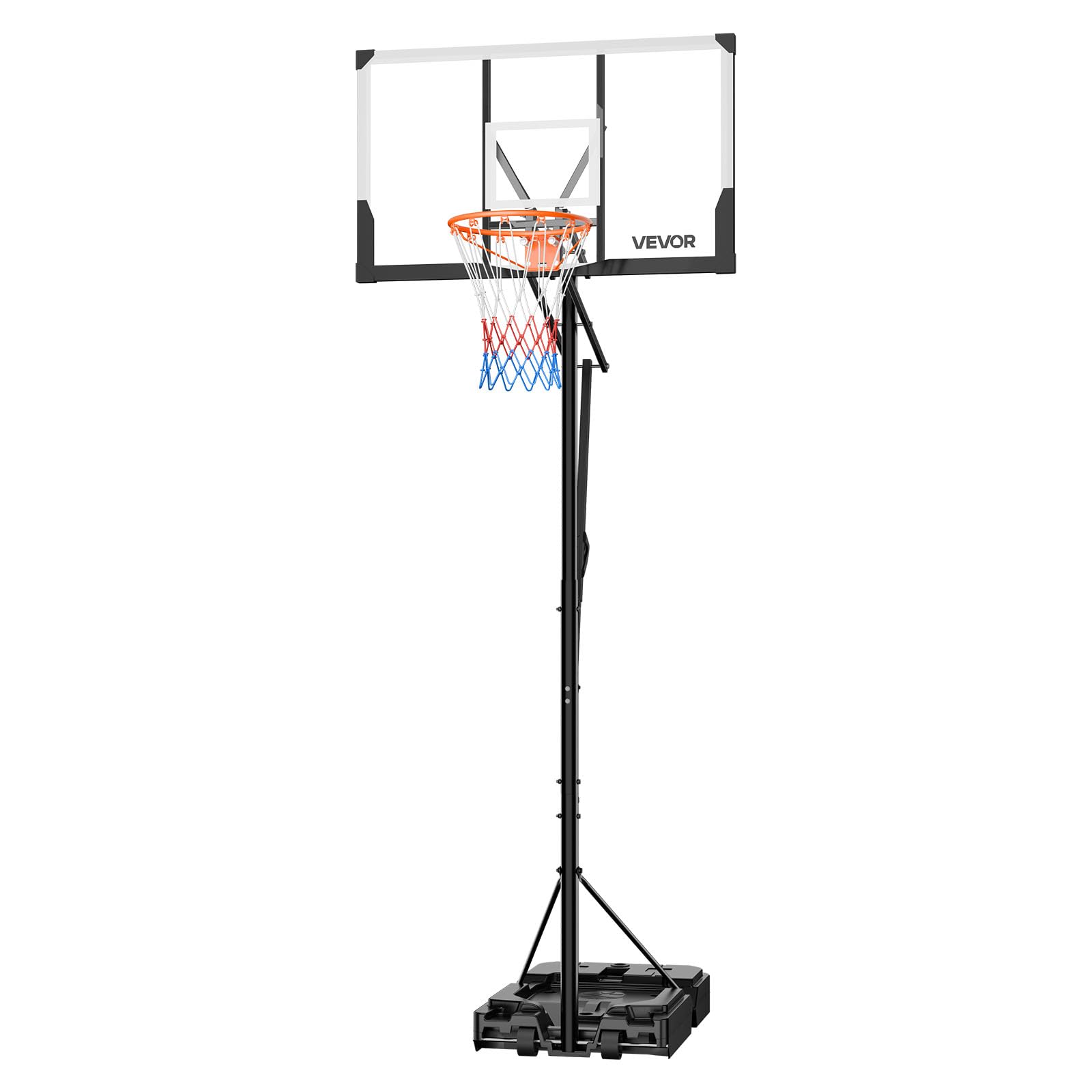 VEVOR Supporto da Basket Portatile Massimo 3,05 m Pallacanestro da Esterno con Piedistallo Regolabile in Altezza Design di Sollevamento, con Ruote e Tabellone PC da 1219,2 mm, per Cortili, Scuole