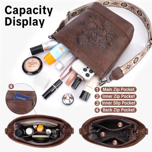 Image of Crossbody Purses for Women, Trendy Embossed Vegan Leather Bucket Bag, Travel Shoulder Handbag with 2 Detachable Straps