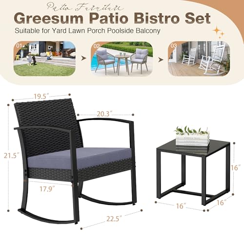Image of Greesum 3 Pieces Outdoor Furniture Set Patio Bistro Rocking Chairs with Glass Coffee Table for Pool Beach Backyard Balcony Porch Deck Garden, Gray