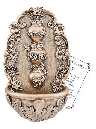 Holy Water Font for Home Catholic Decor - Bronze Finish Sacred Heart Holy Water Holder for Wall, Lord's Prayer Card - Holy Water Font for Wall, Altar, Home - Fuente De Agua Bendita - 2 Items Set